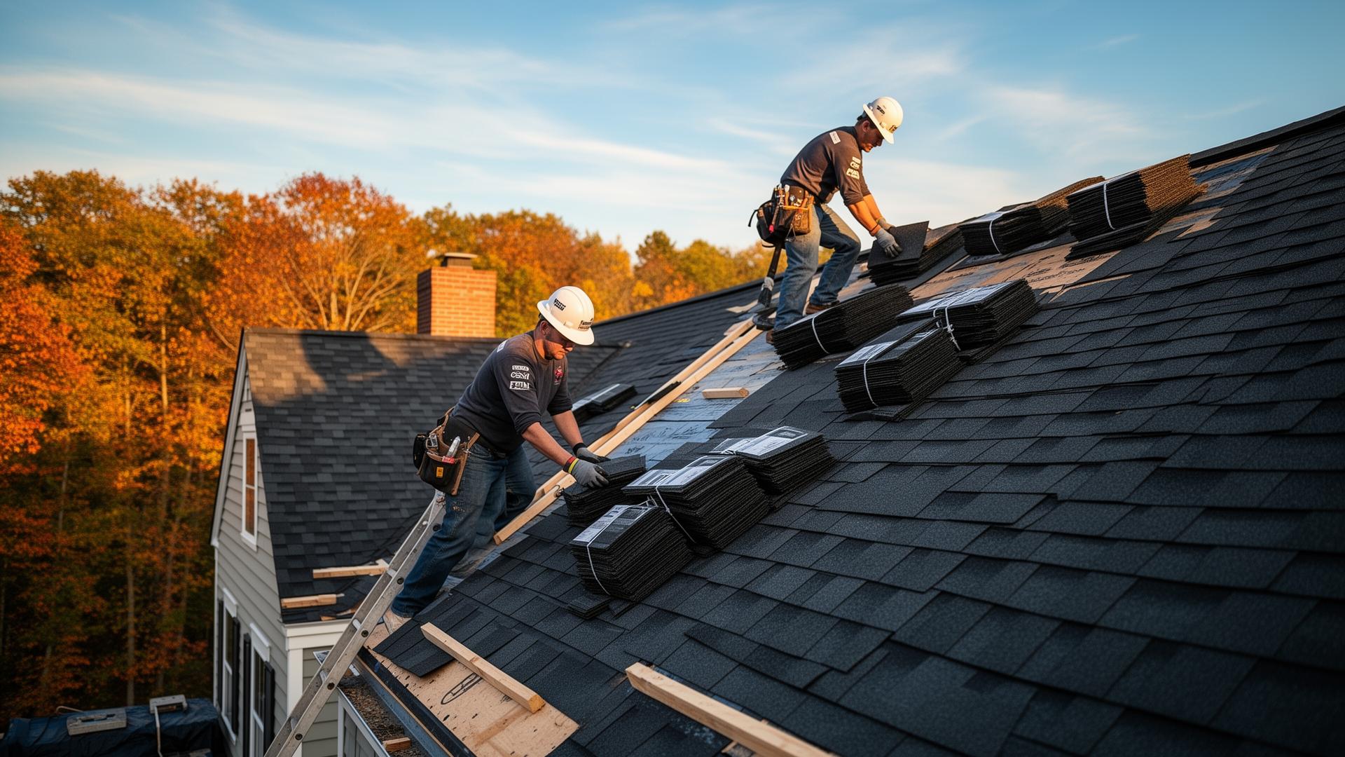 Five Star Roofing crew installing architectural asphalt shingles on a Manchester, NH home